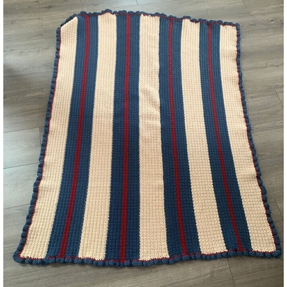 Afghan Throw Blanket Hand Crochet Striped Pattern Blue Red Cream 41x19 Ruffle
